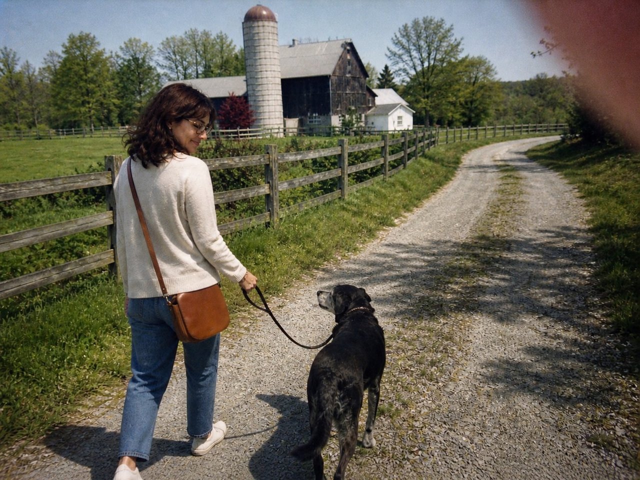 Ms. Katy walking Raven on a country road past a barn